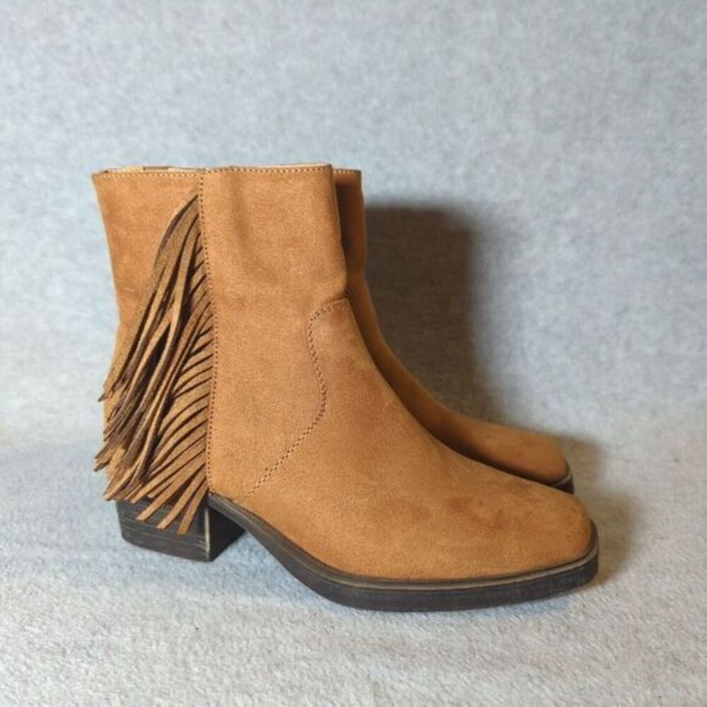 SO Women's Old Fashioned Cognac Fringe Zip Western‎ Ankle Boots 8  107i Cowgirl
